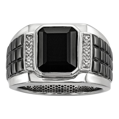 Men's Sterling Silver Onyx & Diamond Square Ring