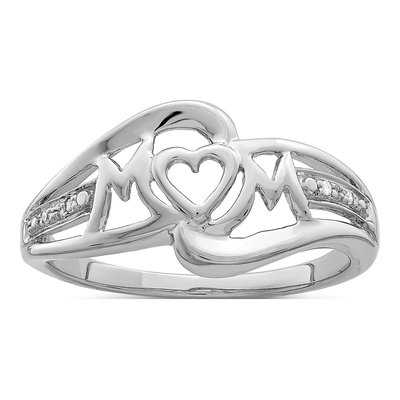 Sterling Silver Diamond Heart MOM Ring