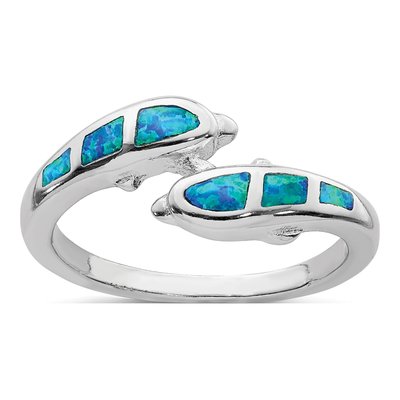Sterling Silver Lab-Created Opal Dolphins Ring