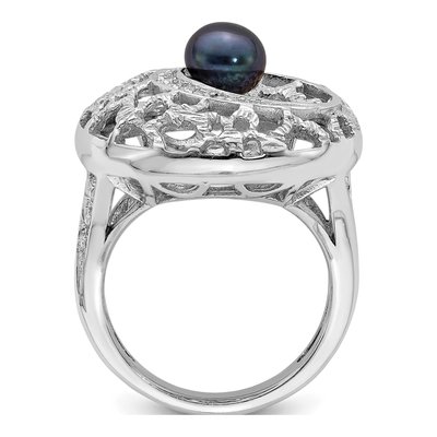Sterling Silver Black Freshwater Cultured Pearl & CZ Filigree Ring – view 2