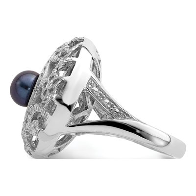 Sterling Silver Black Freshwater Cultured Pearl & CZ Filigree Ring – view 3