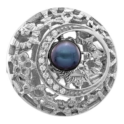 Sterling Silver Black Freshwater Cultured Pearl & CZ Filigree Ring – view 5