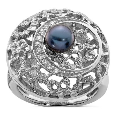 Sterling Silver Black Freshwater Cultured Pearl & CZ Filigree Ring