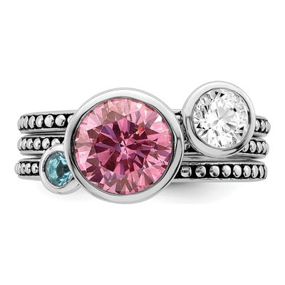 Sterling Silver Ring Set with Pink, White & Blue CZ – view 5
