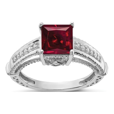 Sterling Silver Lab-Created Ruby & CZ Square Ring