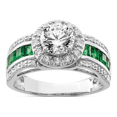 Sterling Silver Lab-Created Emerald & CZ Engagement Ring