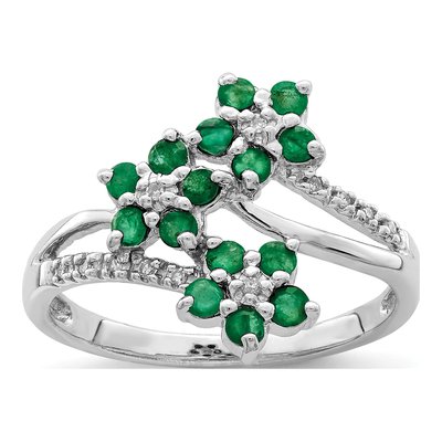 Sterling Silver 1/20 ct tw Emerald & Diamond Flower Ring