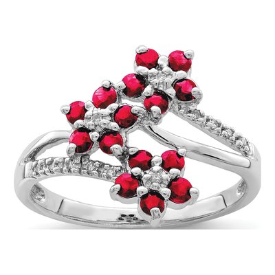 Sterling Silver 1/20 ct tw Ruby & Diamond Flower Ring