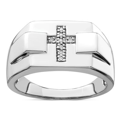 Men's Sterling Silver Diamond Cross Signet Ring