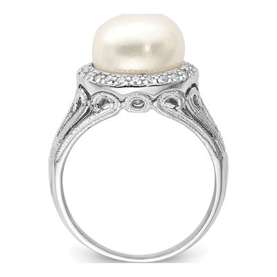 Sterling Silver Freshwater Cultured Pearl & CZ Button Ring – view 2