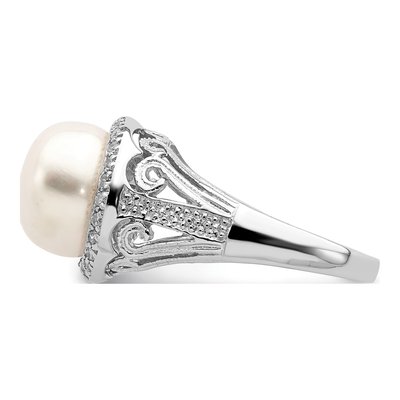 Sterling Silver Freshwater Cultured Pearl & CZ Button Ring – view 3