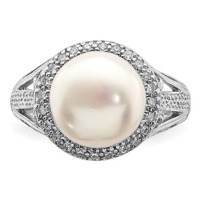 Sterling Silver Freshwater Cultured Pearl & CZ Button Ring – view 5