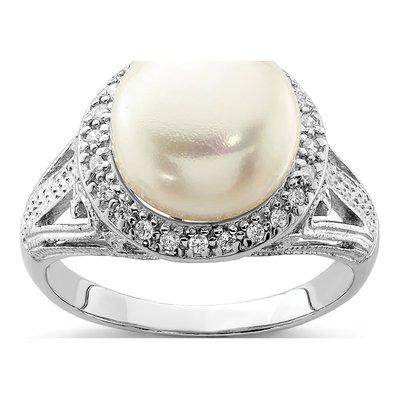 Sterling Silver Freshwater Cultured Pearl & CZ Button Ring