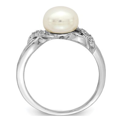 Sterling Silver Freshwater Cultured Pearl & CZ Button Ring – view 2