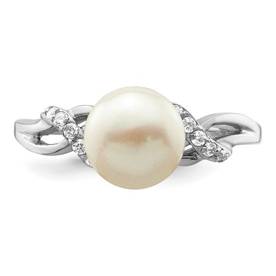 Sterling Silver Freshwater Cultured Pearl & CZ Button Ring – view 5