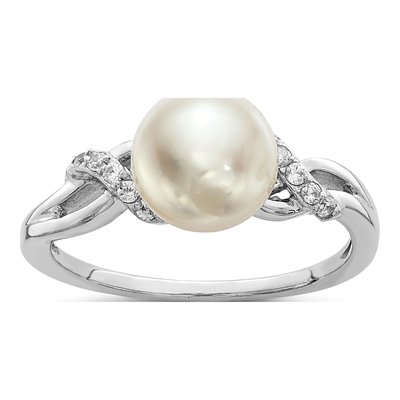Sterling Silver Freshwater Cultured Pearl & CZ Button Ring