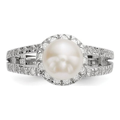 Sterling Silver Freshwater Cultured Pearl & CZ Button Ring – view 4