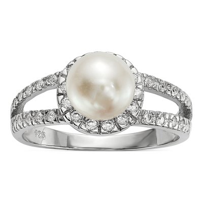 Sterling Silver Freshwater Cultured Pearl & CZ Button Ring
