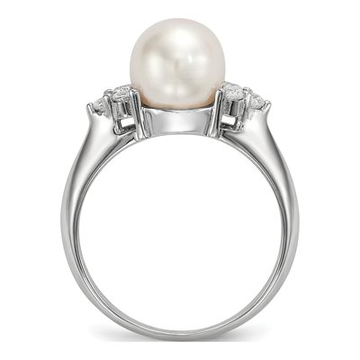 Sterling Silver Freshwater Cultured Pearl & CZ Button Ring – view 2