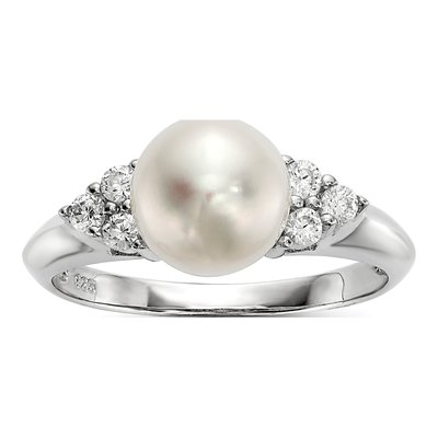 Sterling Silver Freshwater Cultured Pearl & CZ Button Ring