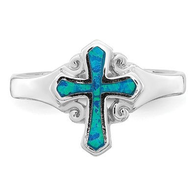 Sterling Silver Lab-Created Opal Cross Ring – view 5