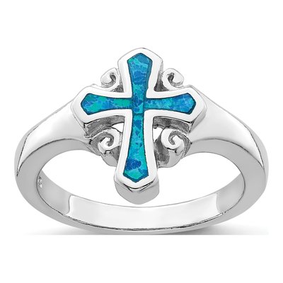 Sterling Silver Lab-Created Opal Cross Ring