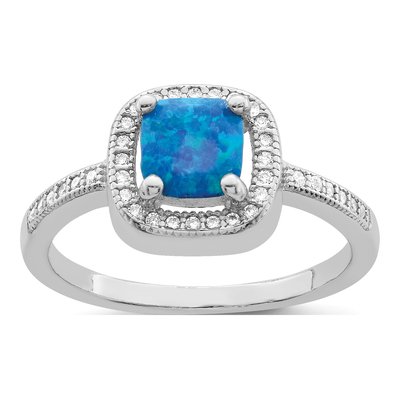 Sterling Silver Blue Opal CZ Square Ring
