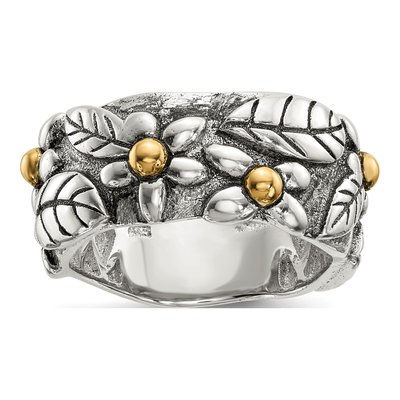 Sterling Silver & 14K Gold Leaves Flowers Band