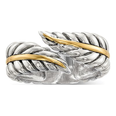 Sterling Silver & 14K Gold Antiqued Leaves Bypass Ring