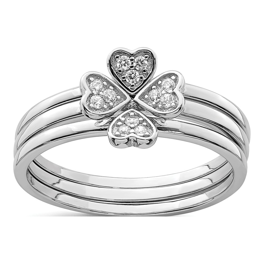 Sterling Silver CZ Heart & Clover 3-Ring Set