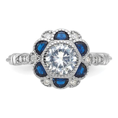 Sterling Silver Lab-Created Sapphire & CZ Flower Ring – view 5