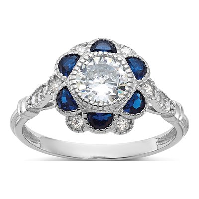 Sterling Silver Lab-Created Sapphire & CZ Flower Ring