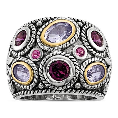 Sterling Silver & 14K Gold Rhodolite Garnet & Pink Tourmaline Qrtz GA Ring