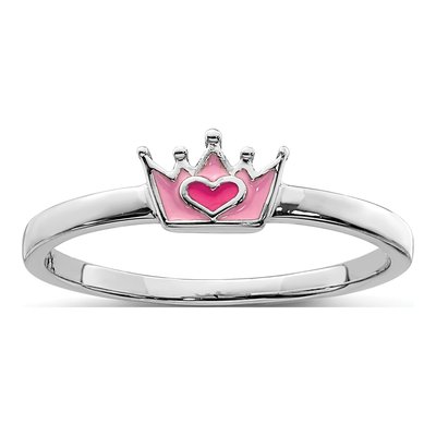 Sterling Silver Girl's Pink Enamel Crown Ring