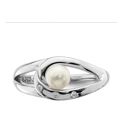 Sterling Silver Freshwater Cultured Pearl & CZ Button Ring – view 5