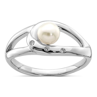 Sterling Silver Freshwater Cultured Pearl & CZ Button Ring