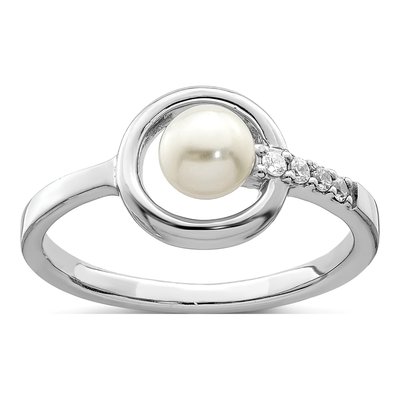 Sterling Silver Freshwater Cultured Pearl & CZ Halo Ring
