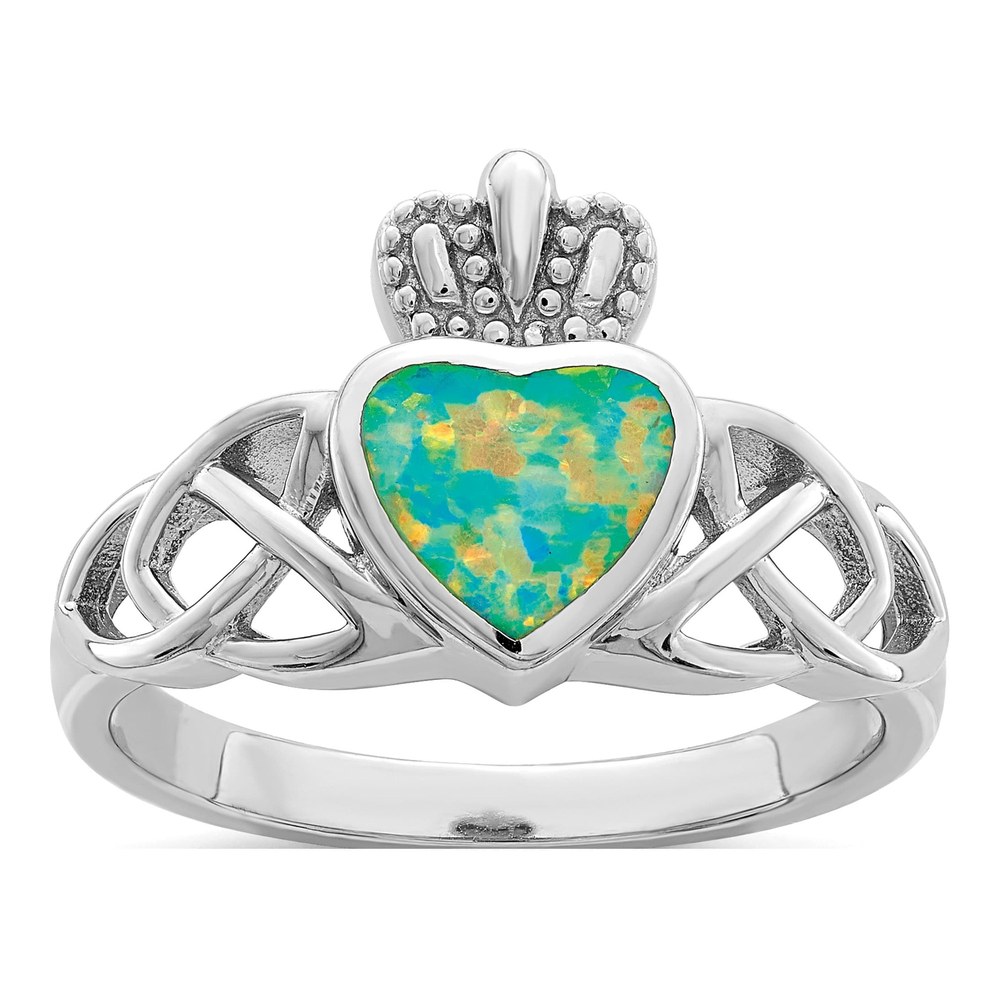 Sterling Silver Rhod-Plated Lab Created Opal Celtic Knot Crown Ring