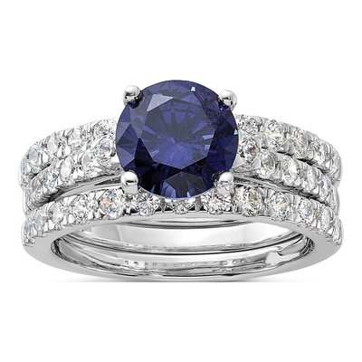 Sterling Silver Blue CZ Engagement Ring & Band Set