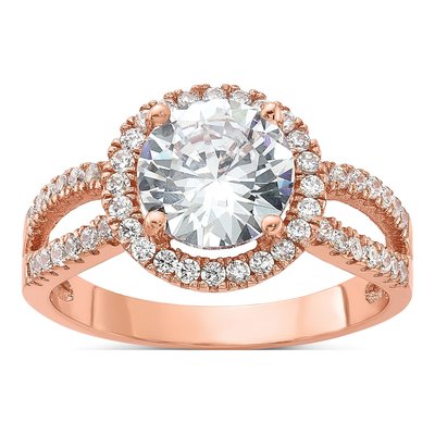Rose Gold-Plated Sterling Silver CZ Center Halo Engagement Ring