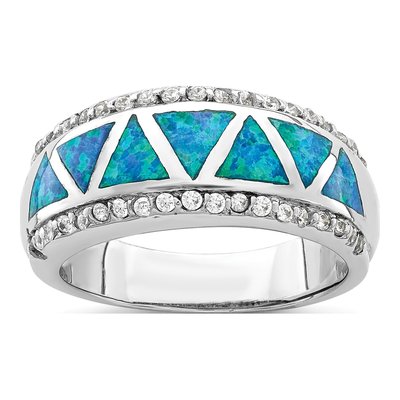 Sterling Silver Lab-Created Opal & CZ Triangle Ring