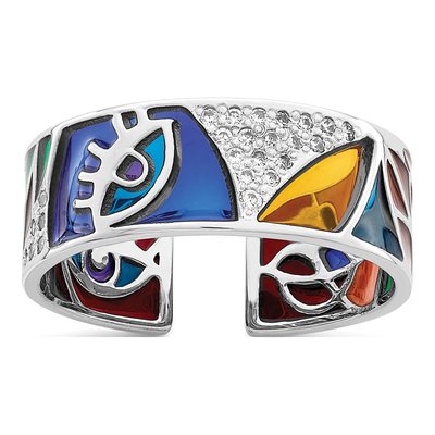Sterling Silver CZ Multi-Color Enamel Cuff Ring
