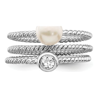 Sterling Silver Freshwater Pearl & CZ Ring Set of 3 – view 5