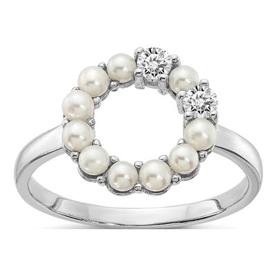 Sterling Silver Freshwater Cultured Pearl & CZ Button Ring