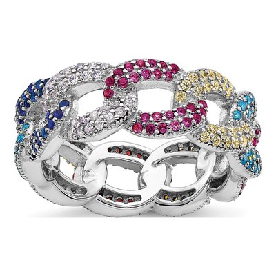 Sterling Silver Colorful CZ Cuban Link Ring