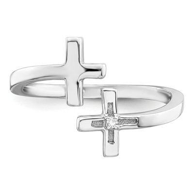 Sterling Silver CZ Double Cross Adjustable Ring – view 6