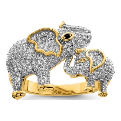 Gold-Plated Sterling Silver CZ Mom Baby Elephant Ring