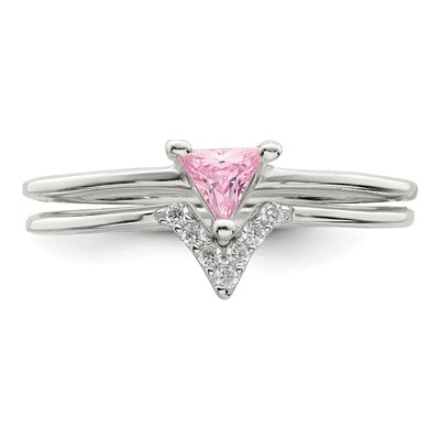 Sterling Silver Pink Trillion & White CZ Ring Set – view 6
