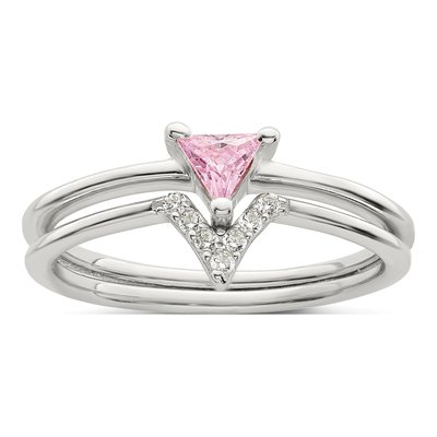 Sterling Silver Pink Trillion & White CZ Ring Set