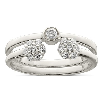 Sterling Silver Bezel Cz And Floral Ring Set